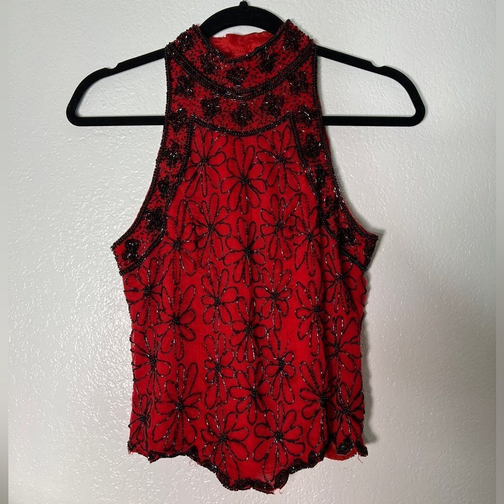 Vintage retro red black beaded floral embellished silk great Gatsby style top S